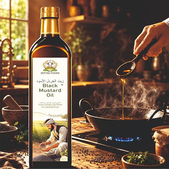 Organic Cold Pressed Black Mustard Oil 1L | Wood Pressed | Pure & Unrefined | Single Pressed | Premium Cooking Oil | Rich Natural Flavor